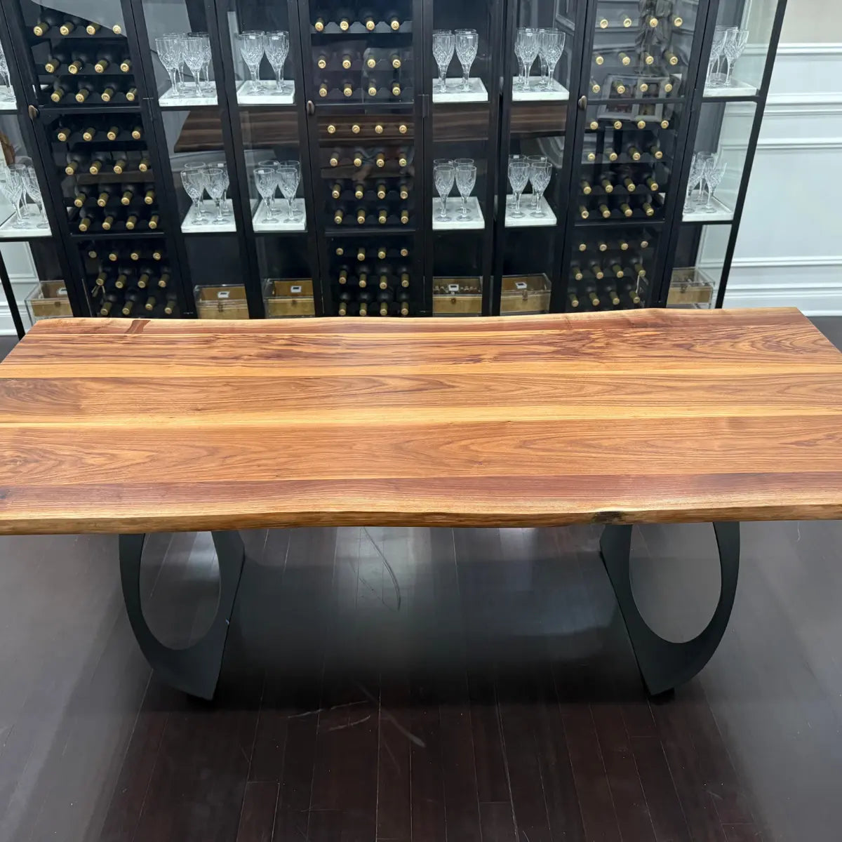 Black walnut Dining Table Behind Wine Storage